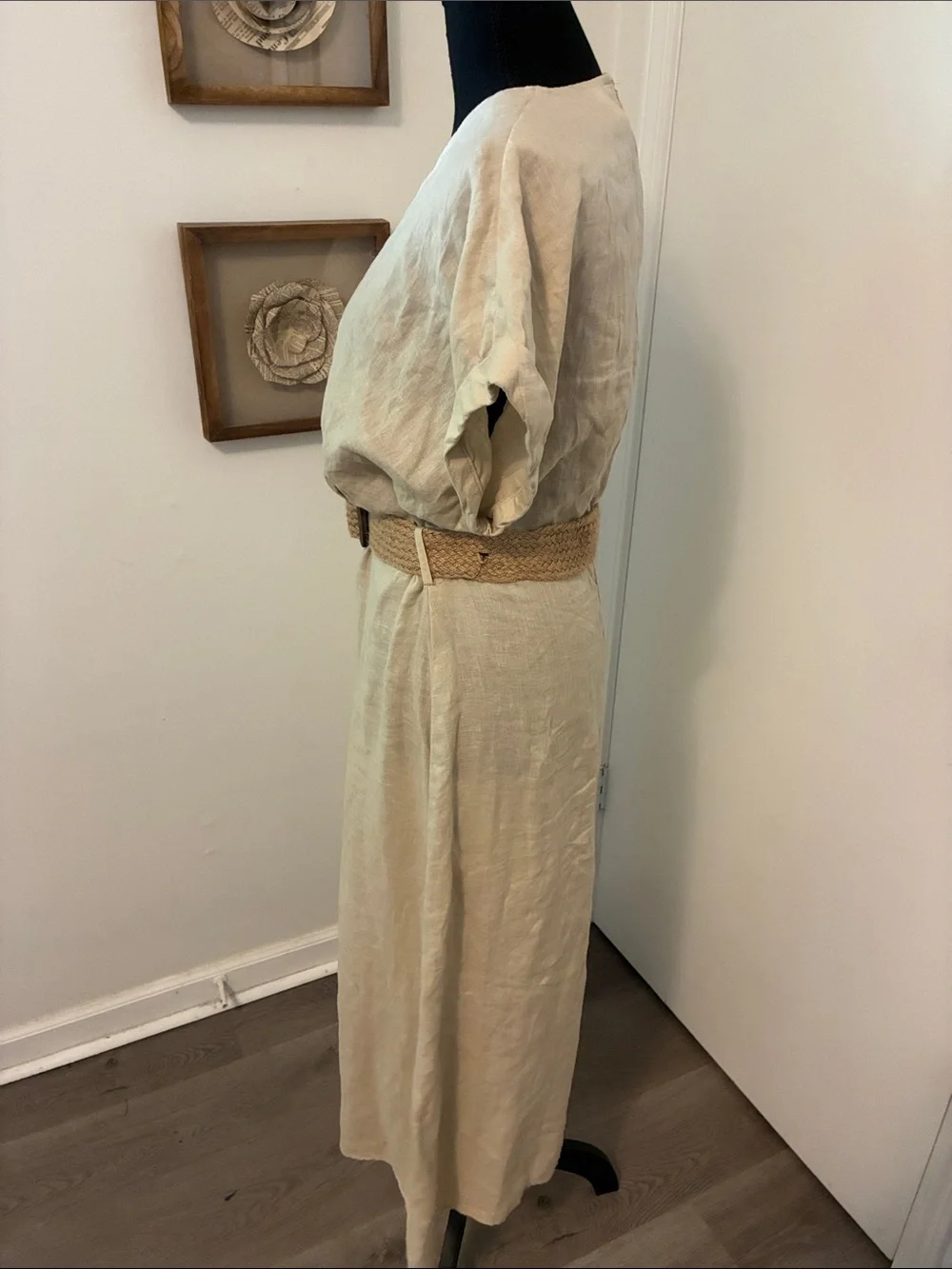 MNG Beige Linen Dress with Woven Belt